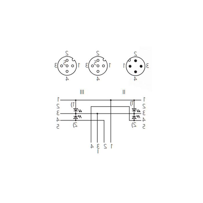 M12 4Pin公头/2M12 3Pin母头90°、带LED灯、IP 69K-ECOLAB、食品级、Y型预铸PVC非柔性电缆、灰色护套、64E423-XXX